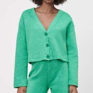 Zara knit cropped button down cardigan bright green women’s size large